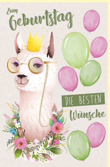 Geburtstags - Doppelkarte mit Lama - Motiv: Witzige Glückwunschkarte mit Krone, Brille & Blumenkranz, Bunte Luftballons, Tierisches Design für Kinder & Erwachsene, Rosa/Grün, Originelle Geburtstagsgrüße