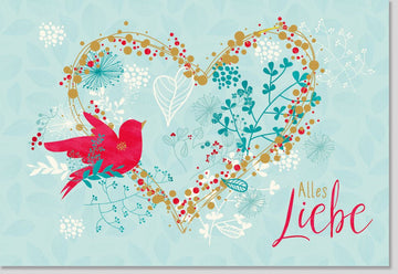 Geburtstags - Doppelkarte mit Liebe & Vogel - Motiv - Herzliche Glückwünsche, Blumen - Design, Niedliche Illustration für Freundschaft & Dankeschön, Bunte Fröhliche Karte für Familie & Freunde, Frauen, Hellblau & Rot