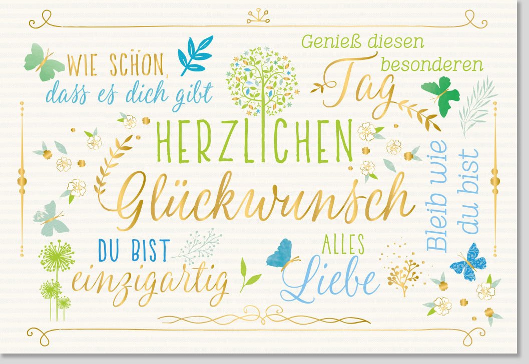 Geburtstags - Doppelkarte mit liebevollen Sprüchen: Einzigartige Glückwunschkarte, Herzlichen Glückwunsch in Blau, Gelb & Grüntönen, Farbenfrohe Schönheit für Erwachsene und Jugendliche, Hochwertige Feier - Freude