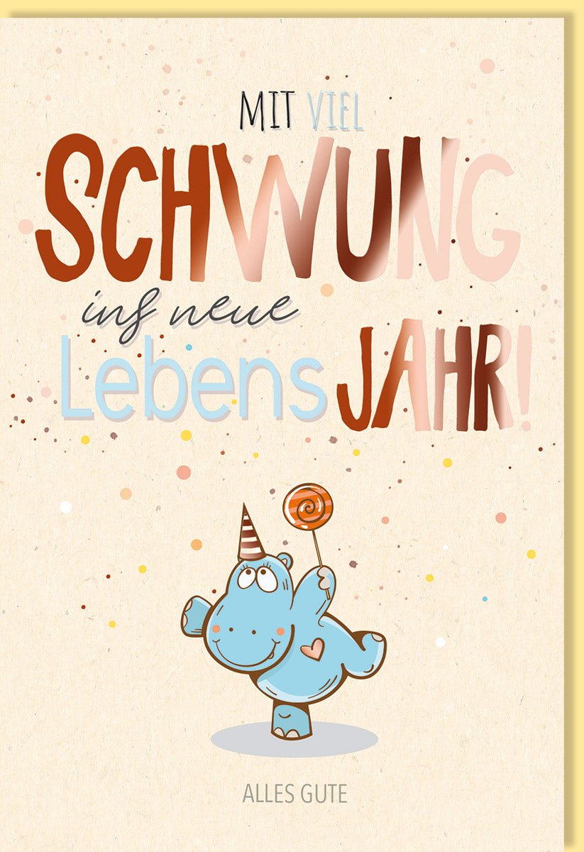 Geburtstags - Doppelkarte mit niedlichem Nilpferd & Lolli - Umweltfreundliches Zuckerrohrpapier, Bunte Cartoon - Illustration, Süßer Schriftzug für Kinder & Erwachsene, Perfekt für Feier & Party Geschenke