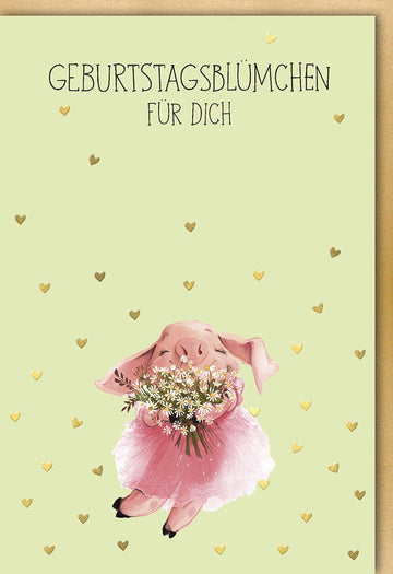Geburtstags - Doppelkarte mit niedlichem Schweinchen, Blumen & Herzchen in Rosa/Gold - Glückwunschkarte mit Illustration