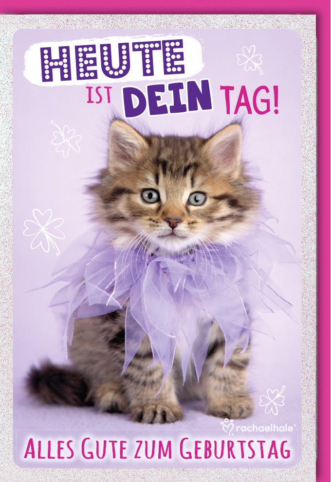 Geburtstags - Doppelkarte mit niedlicher Katze, rosa Schleife - "Heute ist dein Tag" Glückwunschkarte