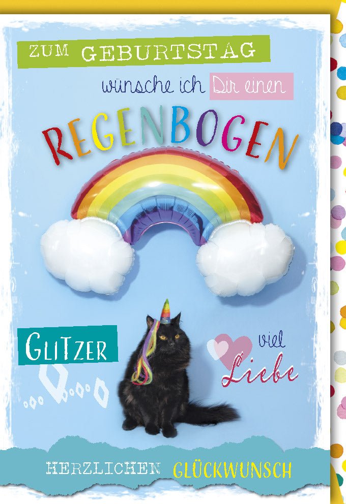 Geburtstags - Doppelkarte mit Regenbogenmotiv, Liebe & Glitzer – Herzlichen Glückwunsch Spruch