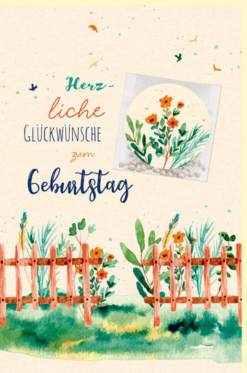 Geburtstags - Doppelkarte mit Samentütchen - Ökologische Glückwunschkarte, Blumenmotive am Holzzaun, Garten - Thema auf Zuckerrohrpapier, Nachhaltig für Naturfreunde & Gärtner, Individualistisch in Orange