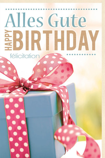 Geburtstags - Doppelkarte mit Schleife & Punkten - Mehrsprachige Glückwunschkarte, Geschenk zur Feier, "Happy Birthday" & "Félicitation"