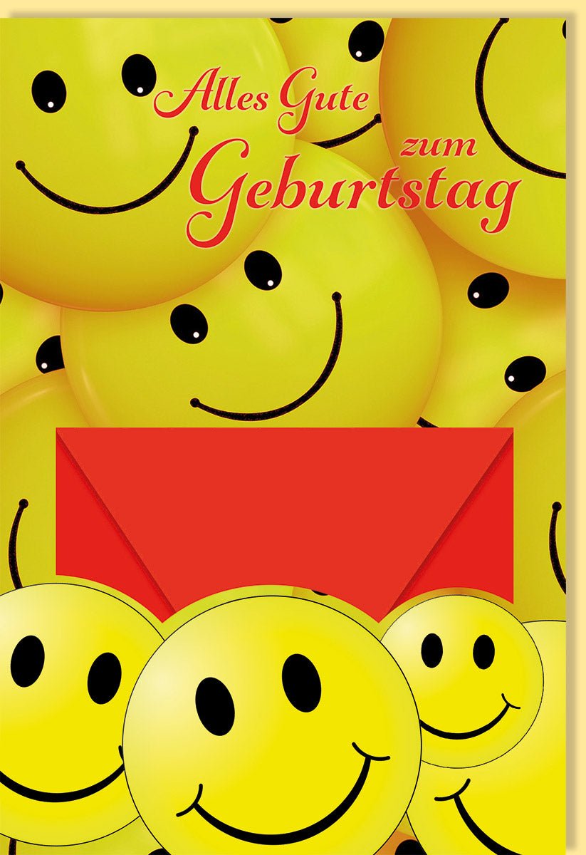 Geburtstags - Doppelkarte mit Smileys: Geldgeschenk Karte, Geldkuvert, Gestanzte Glückwunschkarte, Emoji - Thema in Gelb & Rot, Freudebringende Geschenkkarte für Jugendliche & Erwachsene