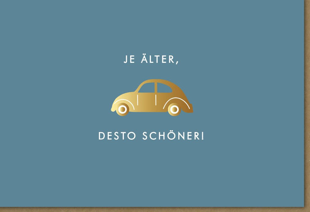 Geburtstags - Doppelkarte mit Spruch "Älter aber schöner" - Retro Käfer Design, Hochwertige Vintage Glückwunschkarte mit Humor