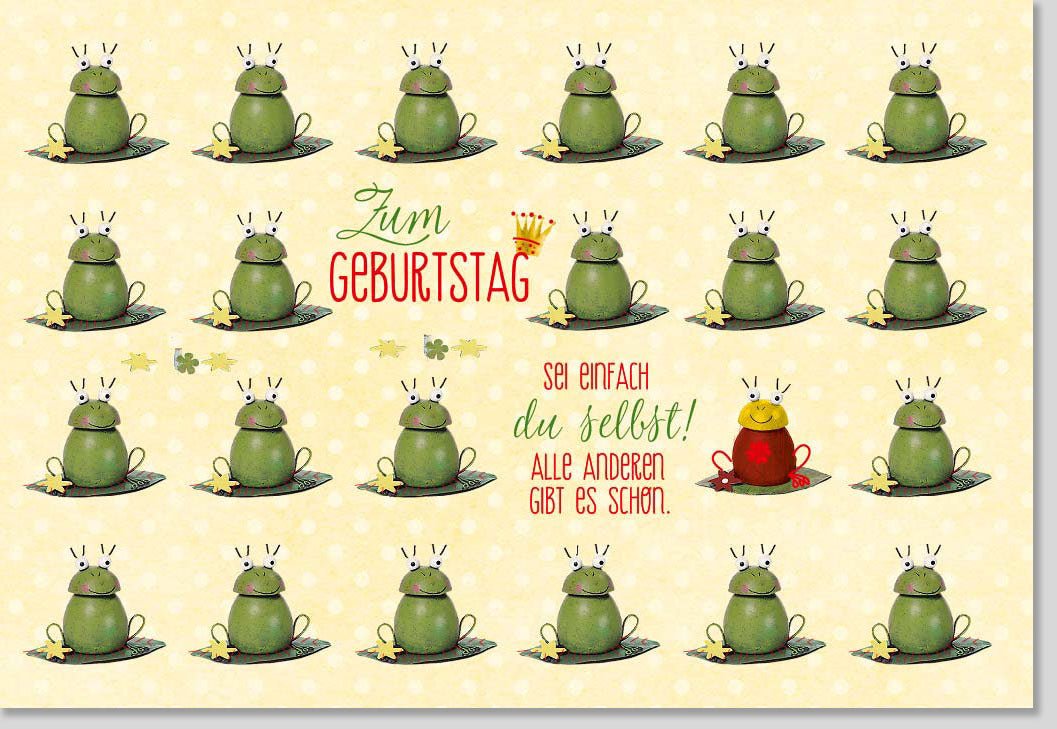 Geburtstags - Doppelkarte mit Spruch "Sei einfach Du selbst" - Frosch - Design in Gelb & Grün, Humorvolle Glückwunschkarte, Persönliche Grußkarte für Individualität und Kreativität, Einzigartiges Festlichkeits - Feier - Konzept