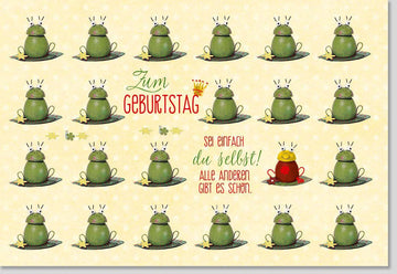 Geburtstags - Doppelkarte mit Spruch "Sei einfach Du selbst" - Frosch - Design in Gelb & Grün, Humorvolle Glückwunschkarte, Persönliche Grußkarte für Individualität und Kreativität, Einzigartiges Festlichkeits - Feier - Konzept
