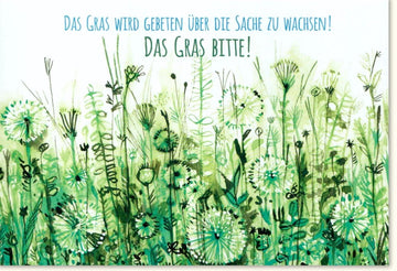 Geburtstags - Doppelkarte mit Spruch: 'Wo Gras wächst, blüht das Leben' - Handgemalte Naturillustration, Grüntöne, Humorvolle Textbotschaft für Positivität & Ermutigung