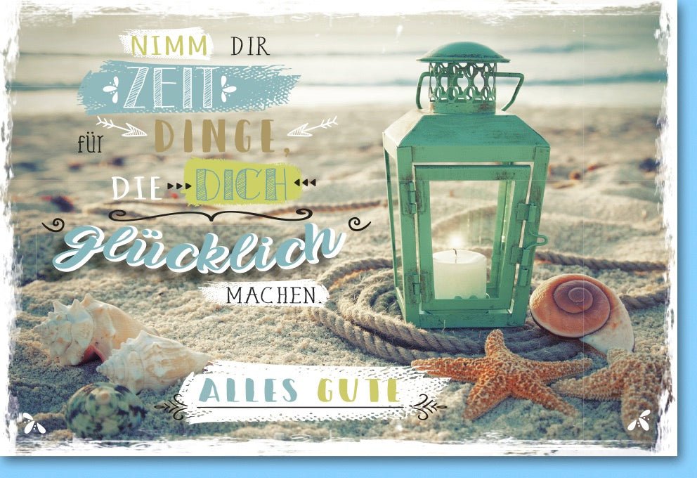 Geburtstags - Doppelkarte mit Strandmotiv – Meer, Laterne, Seesterne, Muscheln & Seil – Entspannende Glückwünsche zum Wohlfühlen