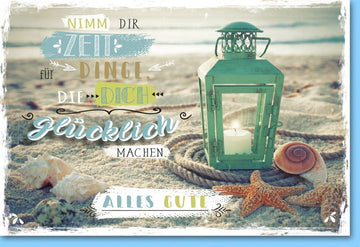 Geburtstags - Doppelkarte mit Strandmotiv – Meer, Laterne, Seesterne, Muscheln & Seil – Entspannende Glückwünsche zum Wohlfühlen