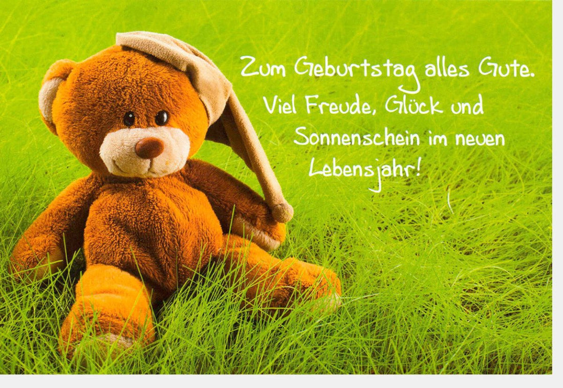 Geburtstags - Doppelkarte mit Teddy & Sonnenschein - Motiv - Glückwunsch & Gute Wünsche, Grüne Illustration, Festliche Gratulationskarte