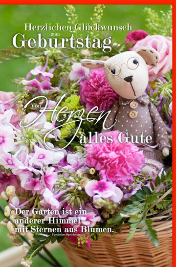 Geburtstags - Doppelkarte mit Teddybär & Blumen Bouquet - Handgemachte Glückwunschkarte im Vintage - Stil mit Herz Dekoration, Festlich & Farbenfroh für Jubiläum & Feiern