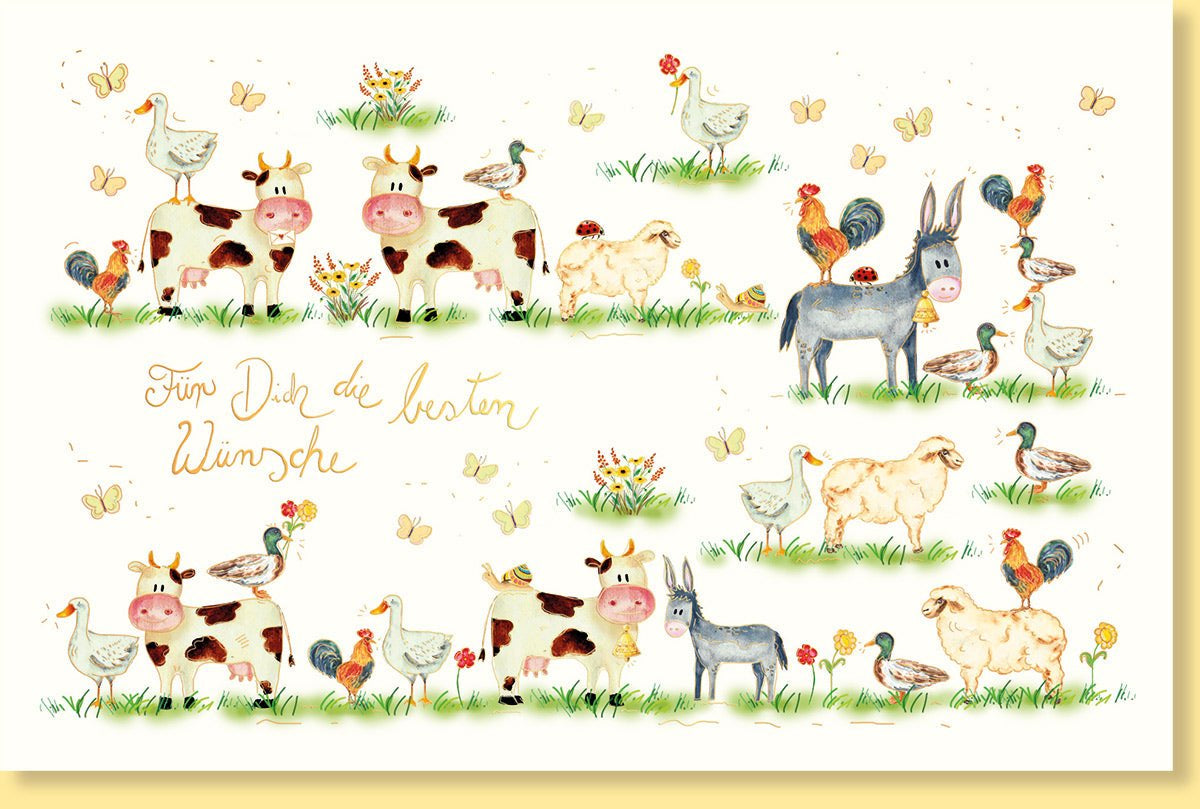 Geburtstags - Doppelkarte mit Tieren auf der Wiese: Kuh, Ente, Schmetterling & Huhn, Naturkarton mit Goldfolie & Blindprägung