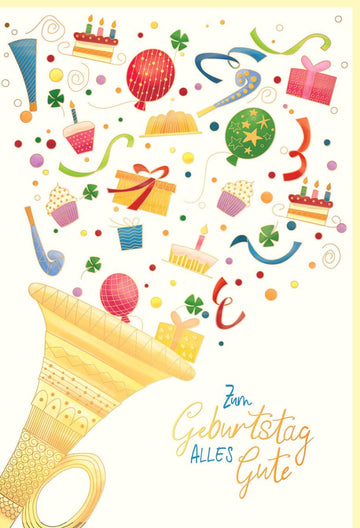 Geburtstags - Doppelkarte mit Trompeten - Motiv: Bunte Glückwunschkarte für Erwachsene & Kinder, Naturkarton mit Goldfolie & Blindprägung, Musikalische Party - Feier Design - Illustration, Jubiläums - Grußkarte