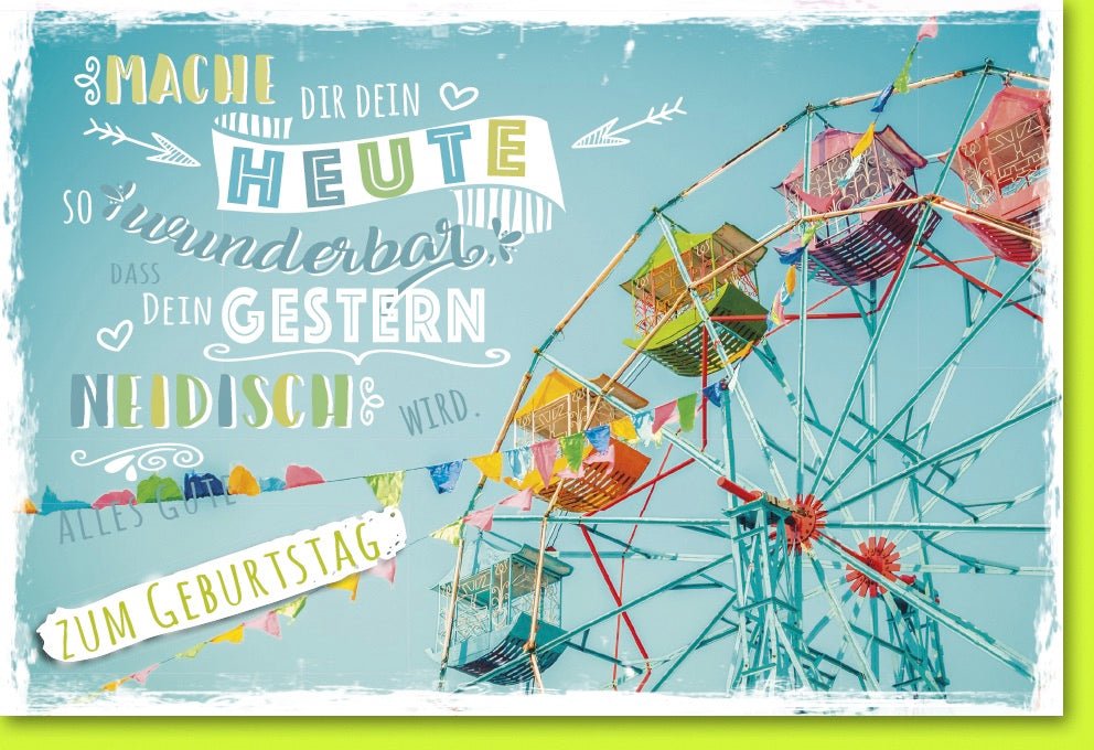 Geburtstags - Doppelkarte mit Vintage Riesenrad - Design, Bunte Gondeln & Spruch - Farbenfrohe Retro Glückwunschkarte zur Gratulation
