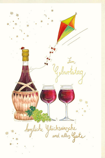 Geburtstags - Doppelkarte mit Weinmotiv - Herzlichen Glückwunsch, Naturkarton, Drachenfliegen, Champagner & Trauben Design, Feierliche Glückwunschkarte