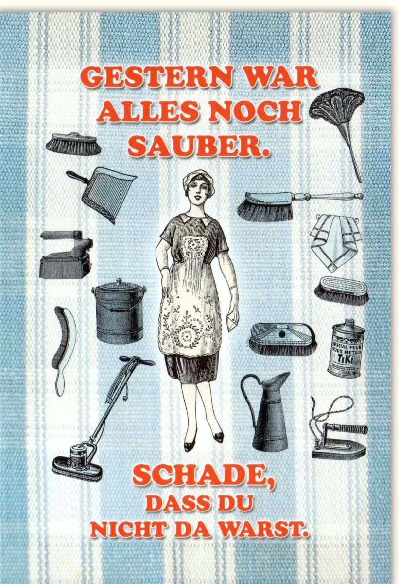 Geburtstags - Doppelkarte mit Witz: Retro - Humor über Sauberkeit, Ironische Sprüche, Lustige Postkarte als Geschenk & Deko
