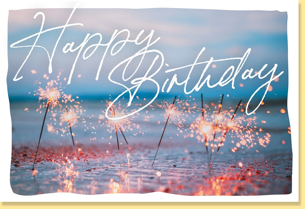 Geburtstags - Doppelkarte mit Wunderkerzen - Motiv | Glückwunschkarte für Erwachsene & Jugendliche | Party - Feier Funken - Lichter Design | Jubiläums - Grußkarte mit Glitzer - Effekt | Schriftzug in Blau & Orange