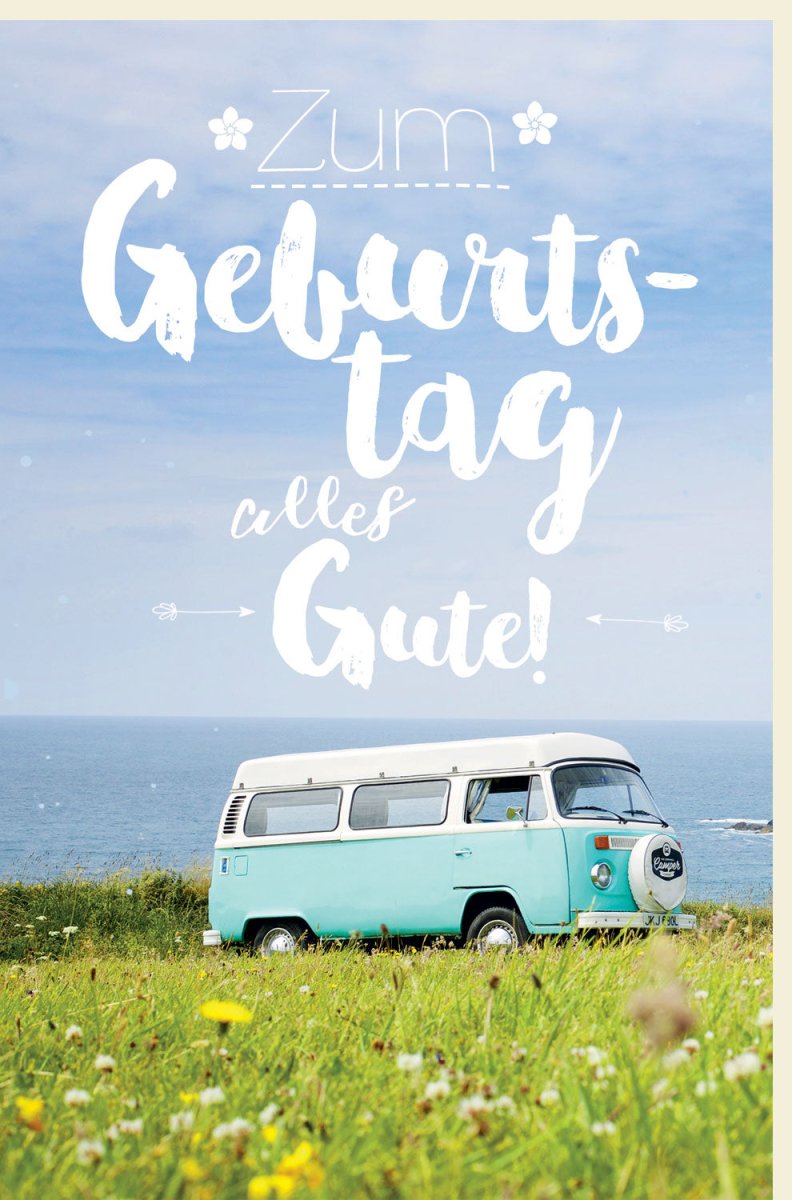 Geburtstags - Doppelkarte "Retrobus Abenteuer" - Vintage Fahrzeug, Natur & Meer Motiv, Blumen & Himmel Design, Sommerliche Glückwunsch - Karte mit Sonnenschein Atmosphäre