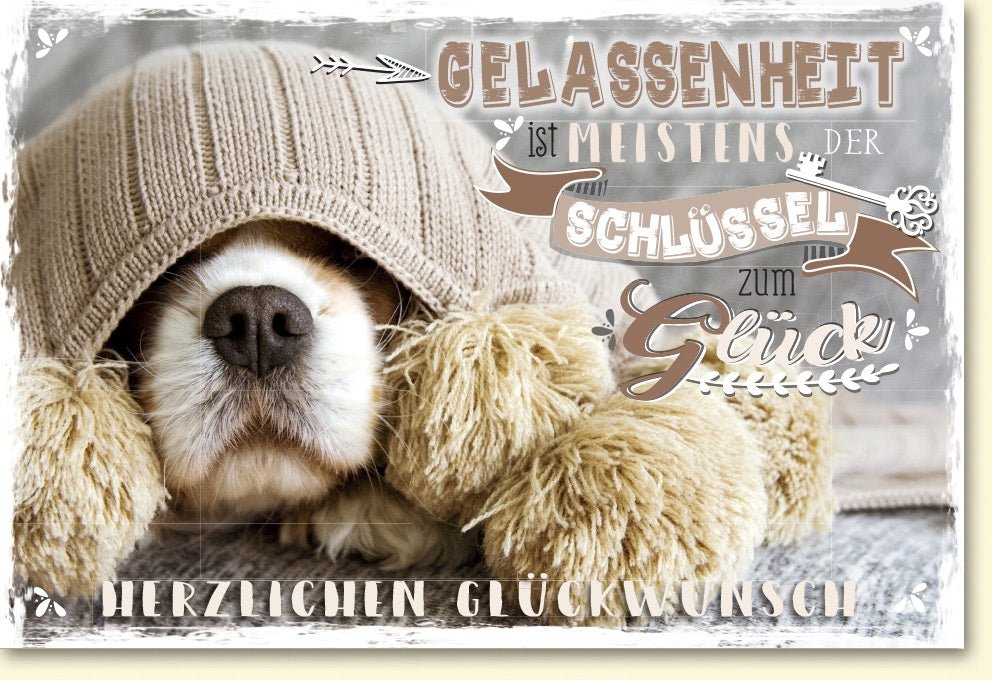 Geburtstags - Doppelkarte "Schlüssel zum Glück" - Hund, Herz & Wärme für Gelassenheit und Freude - Herzlichen Glückwunsch!