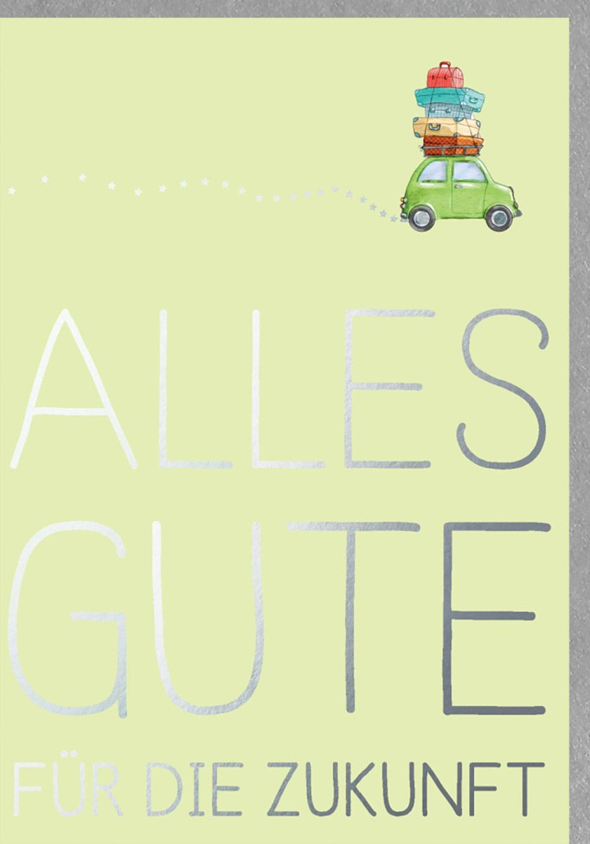 Geburtstags - Doppelkarte Skorpion - Sternzeichen Glückwunschkarte mit Auto & Gepäck Motiv, Reise in die Zukunft Illustration, Grüntöne, Tierkreiszeichen für Glück & Wünsche, Gratulationskarte