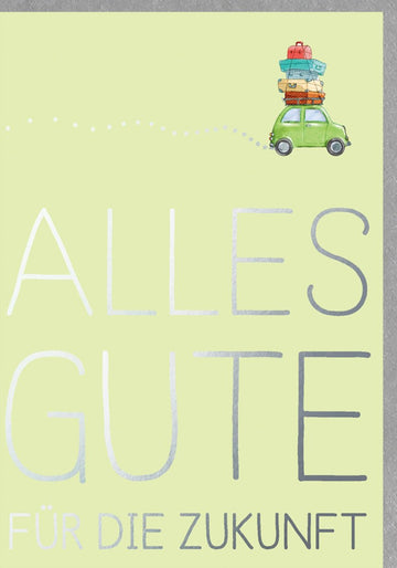 Geburtstags - Doppelkarte Skorpion - Sternzeichen Glückwunschkarte mit Auto & Gepäck Motiv, Reise in die Zukunft Illustration, Grüntöne, Tierkreiszeichen für Glück & Wünsche, Gratulationskarte