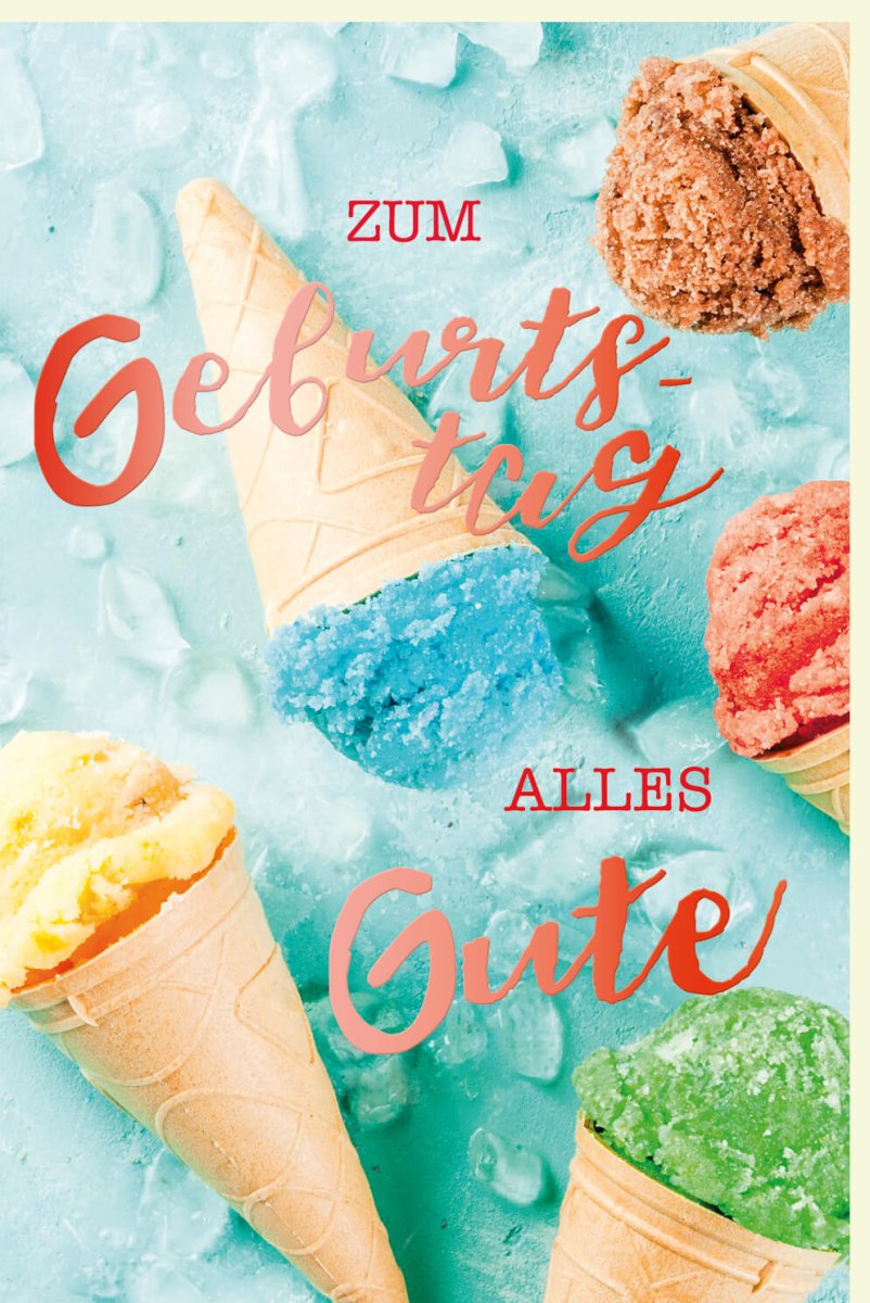 Geburtstags - Doppelkarte "Sommerliche Erfrischung" - Eiswaffel Motiv, Bunte Glückwunsch Grußkarte mit Fröhlichen Wünschen