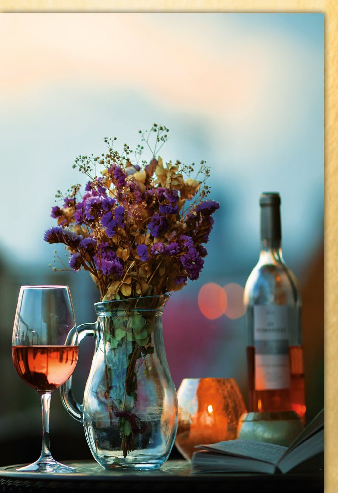 Geburtstags - Doppelkarte: Sonnenuntergang & Wein, Blanko Gruß mit Trockenblumen, Romantische Abendstimmung, Naturfotografie Geschenk