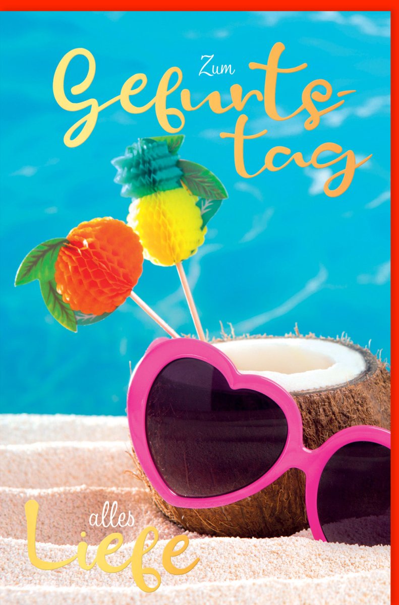 Geburtstags - Doppelkarte "Sonnige Grüße" - Glückwunsch mit Sonnenbrille, Kokosnuss & Goldfolie, Strandmotiv für Sommerpartys & Meer - Feiern