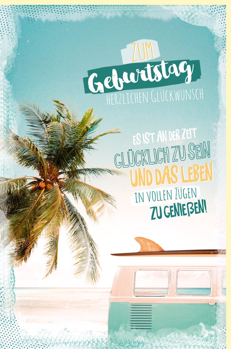 Geburtstags - Doppelkarte "Sonnige Palmenreise" – Vintage Bus, Strand & Abenteuer Motiv für Glückwünsche und Urlaubsfeeling