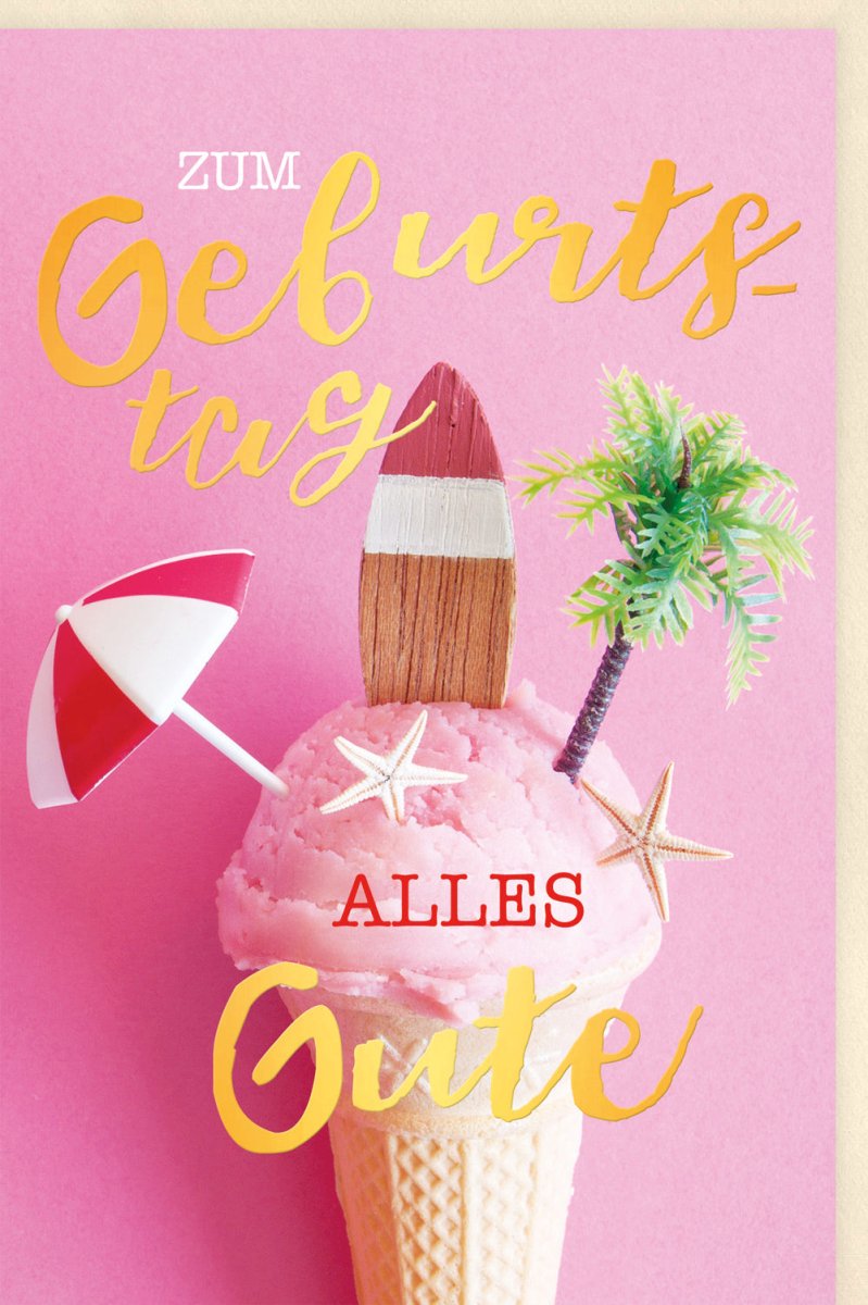 Geburtstags - Doppelkarte "Sonniger Strandtag" - Glückwunschkarte mit Eiscreme, Palmen & Meer, Pink Sommerfeier Motiv mit Muscheln & Eiswaffel