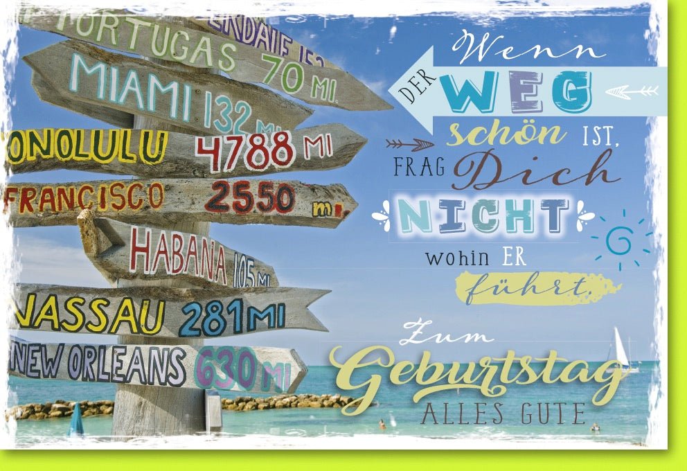 Geburtstags - Doppelkarte "Strandabenteuer" – Glückwunschkarte mit Meer, Wegweiser & Fernweh - Motiv für Reiseliebhaber
