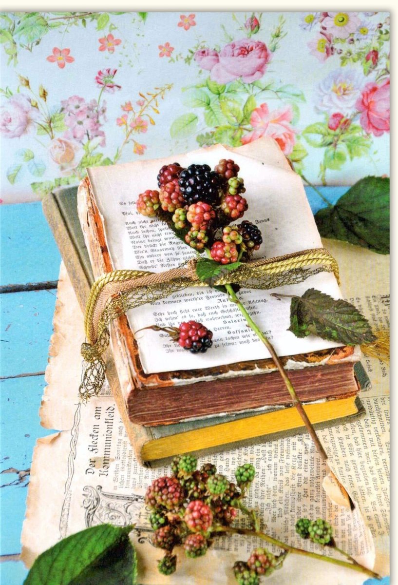 Geburtstags - Doppelkarte Vintage Brombeeren & Buch Design - Rustikale Blankokarte, Natur Frucht Motiv, Literatur Alt Papier Look, Handgemachte Einladung/Grußkarte für Feier, Danke & Schönheit Unikat
