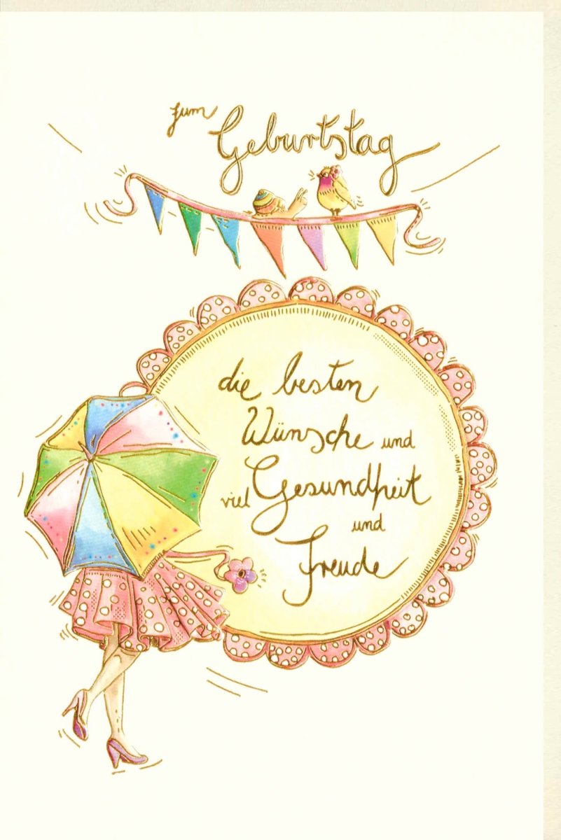 Geburtstags - Doppelkarte: Vintage Glückwunschkarte mit Pastell - Regenschirm, Eleganter Schriftzug & Girlande - Wünsche voller Gesundheit und Freude