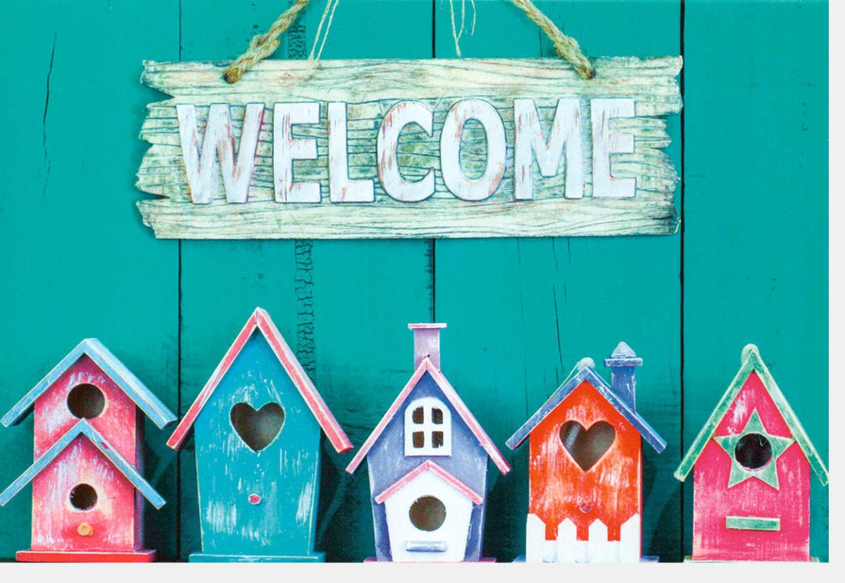 Geburtstags - Doppelkarte "Welcome Home" - Farbenfrohe Vogelhäuser, Holzdeko Garten, Vintage Shabby Chic Wandbehang, Perfekte Geschenkidee zum Einzug