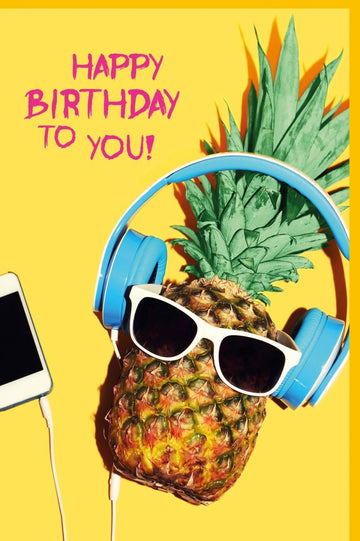 Geburtstags - Doppelkarte – Witzige Glückwunschkarte mit Ananas, Musik & Sonnenbrille, Gelb, Hipster - Design, Fröhliche Party - Celebration - Karte