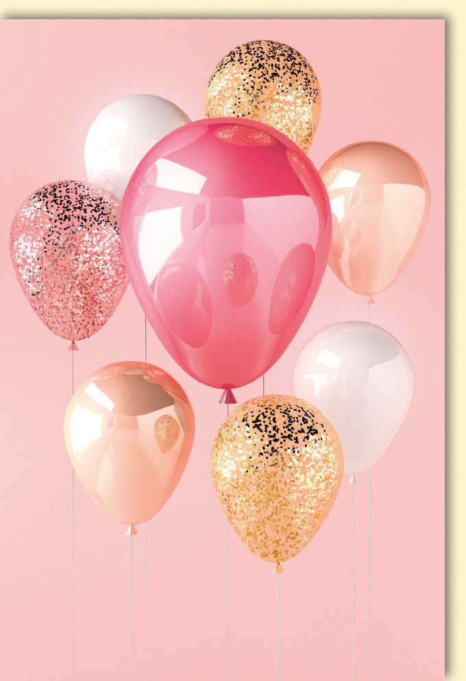 Geburtstags - Einladung Doppelkarte - Rosa & Gold Glitzer Luftballons, Elegante Blankokarte für Jubiläum & Party Dekoration