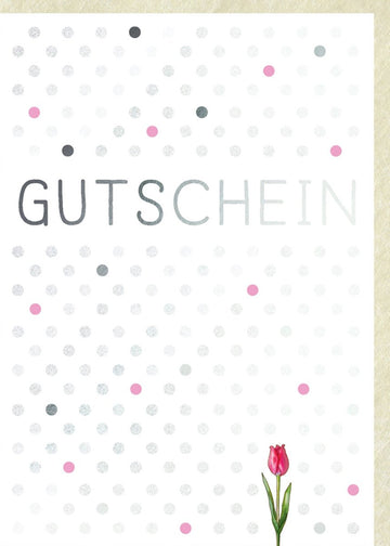 Geburtstags - & Jubiläums - Doppelkarte - Elegante Gutschein Karte mit Glitzer Tulpen Blumenmuster, Schlichtes Design in Weiß, Rosa & Grau, Festliche Geschenkkarte mit Punkten für Feierliche Anlässe