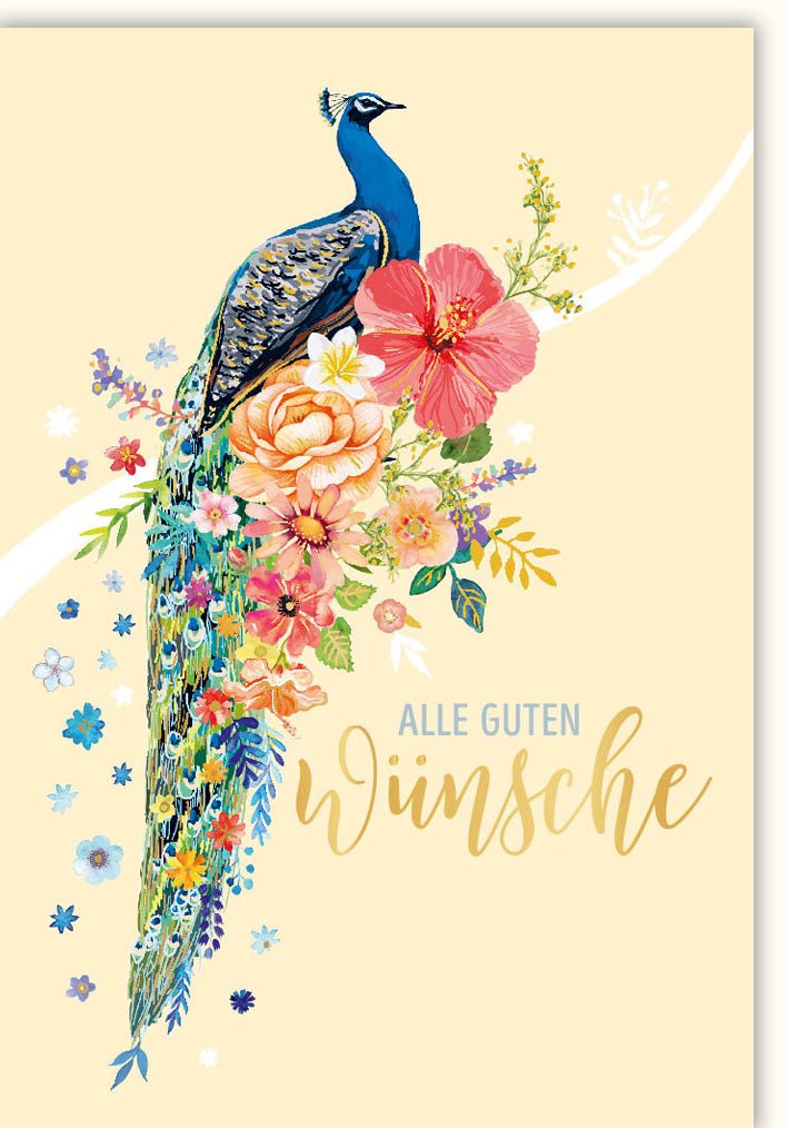 Geburtstags - & Jubiläums - Doppelkarte - Eleganter Pfau mit Blumen, Farbenfrohes Design, Dekorative Grußkarte für Jeden Anlass, Hochwertige Papeterie