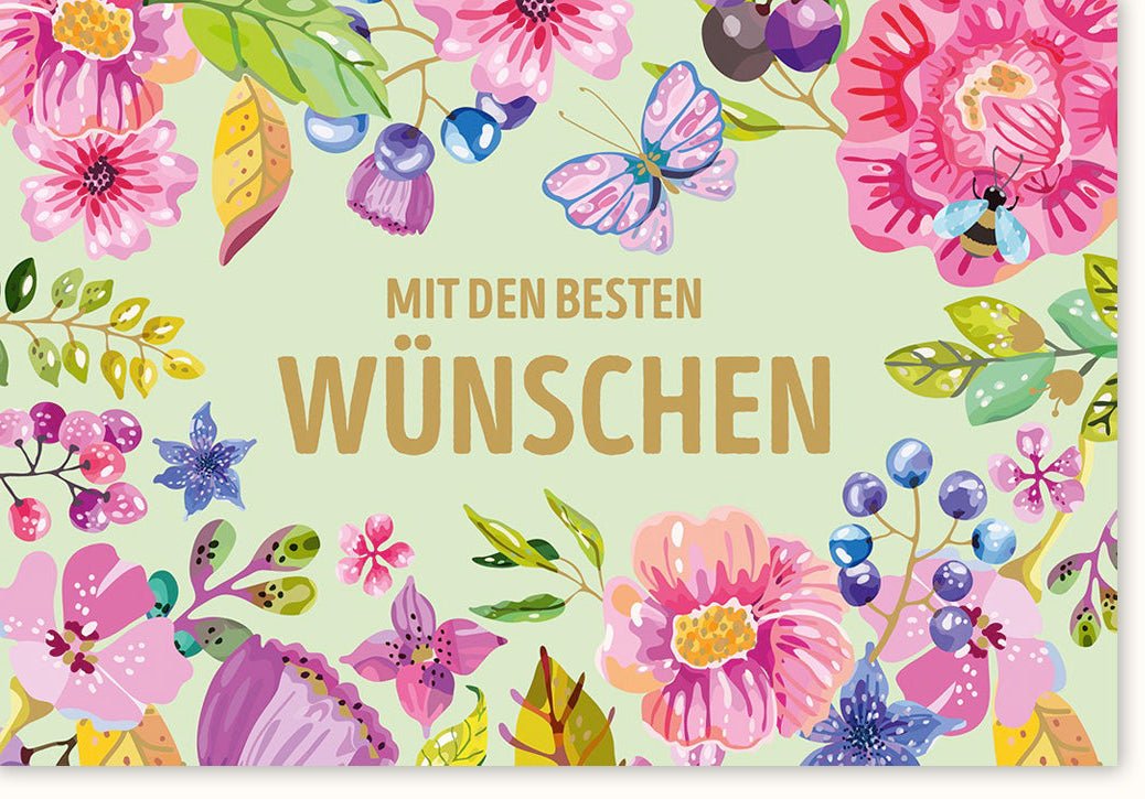 Geburtstags - & Jubiläums - Doppelkarte: Farbenfrohe Blumen & Schmetterlinge, Glückwünsche für Feier und Gratulation