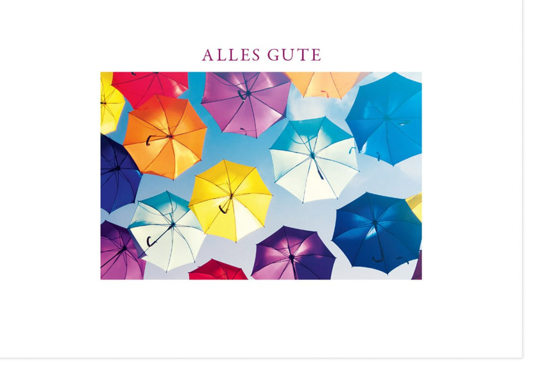 Geburtstags - & Jubiläums - Doppelkarte - Farbenfrohe Glückwünsche mit Bunten Schirmen, Vielfarbige Gratulationskarte für Feier & Festlichkeit, Alles Gute Geschenkkarte mit Regenschirm - Motiv, Celebration Anlasskarte