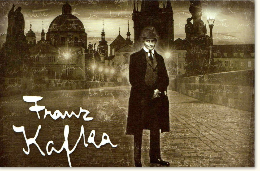 Geburtstags - & Jubiläumskarte - Elegante Doppelkarte im Vintage - Stil, Blankokarte Schwarz Weiß, Literatur Motiv Franz Kafka, Klassischer Schriftsteller aus Prag, Retro Monochrom Design für Gedenken