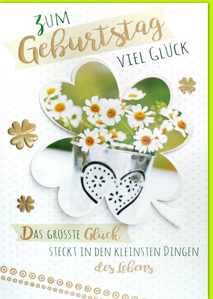 Geburtstags - Maxikarte A4 XXL – Glückwünsche mit Gänseblümchen & Kleeblatt, Herz Design in Grün - Weiß, Großformatige Gratulationskarte