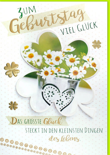 Geburtstags - Maxikarte A4 XXL – Glückwünsche mit Gänseblümchen & Kleeblatt, Herz Design in Grün - Weiß, Großformatige Gratulationskarte