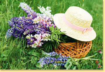 Geburtstags - & Muttertags - Doppelkarte: Blankokarte mit Blumenkorb & Strohhut, Naturmotiv in Grün, Gelb & Lila, Ideales Geschenk für Frauen & Gartenliebhaber, Romantische Grußkarte für Ältere, Frühlings - & Sommergrüße ohne Text