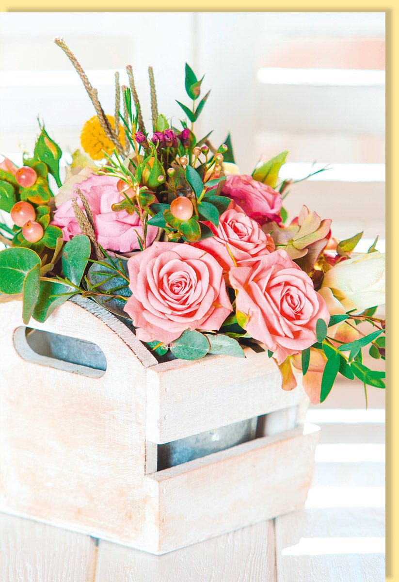 Geburtstags - & Muttertags - Doppelkarte – Elegante Blumenkarte mit Rosenstrauß, Naturmotiv, Blankokarte für Anlässe wie Frühling & Sommer, Pastellfarben Rosa & Grün, Ideal als Geschenkkarte oder Dankeschön, Beliebt bei Frauen und Älteren