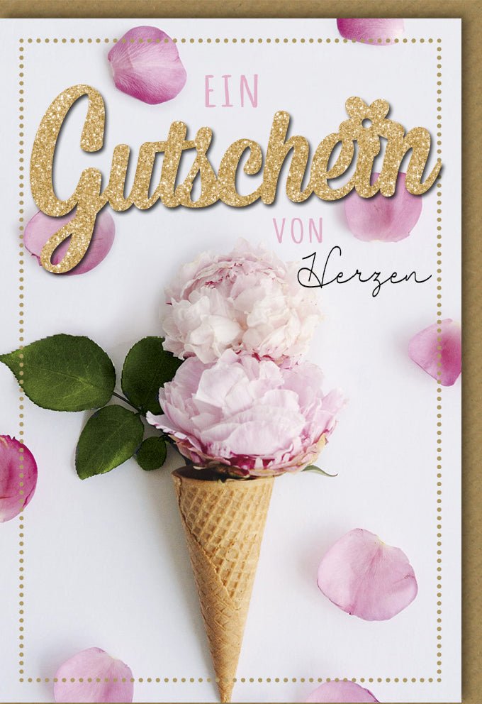 Geburtstags - & Muttertags - Doppelkarte – Gutschein Blumeneis Motiv, Herzliche Grußkarte mit Pfingstrosen & Waffelhörnchen, Glitzernde Gold Rosa Weiß Elemente, Perfektes Geschenk für Frauen & Mädchen