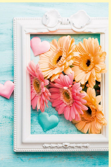 Geburtstags - & Muttertags - Doppelkarte mit Fotogruß, Blankokarte Naturmotiv, Gerbera in Orange & Rosa, Herz Deko, Frühlings - & Sommerdesign für Frauen, Liebe & Freundschaft in Pastellfarben